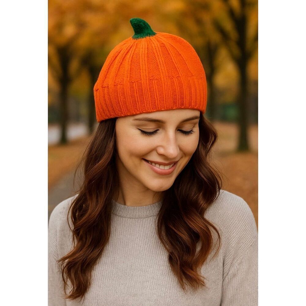 Pumpkin Knit Beanie Hat Halloween Fall Costume Autumn Orange Cap